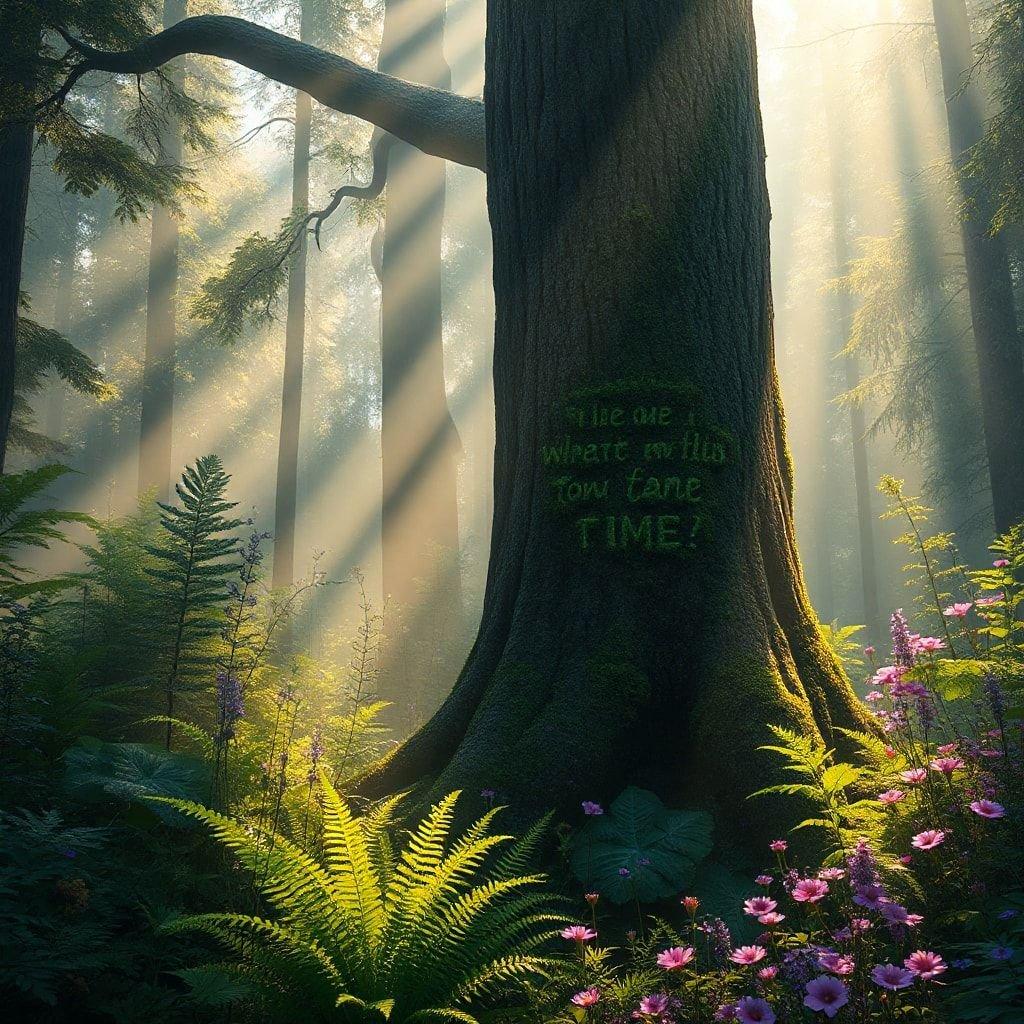 A serene forest scene with a tree trunk bearing an inspiring quote, reminding us to appreciate the beauty of nature and the importance of time management.