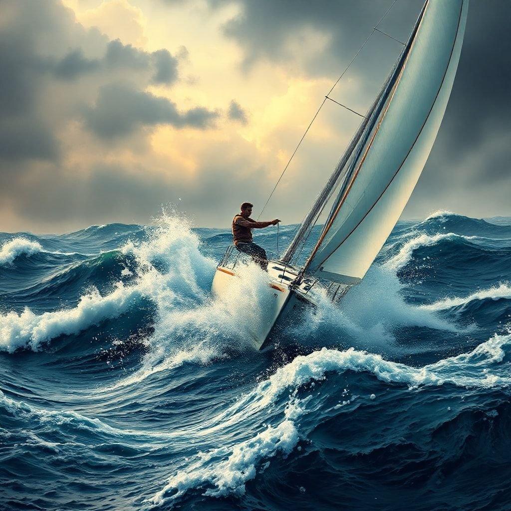 This stunning wallpaper captures the thrill of sailing in the midst of a storm, with a man navigating through turbulent waters.