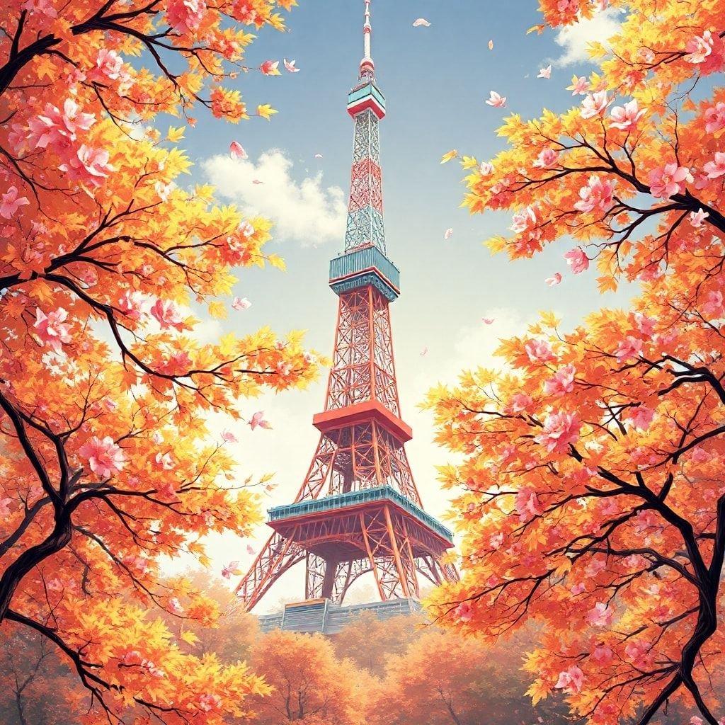 Immergez-vous dans le monde enchanteur de l'anime avec ce magnifique fond d'écran mettant en vedette la Tour de Tokyo au milieu d'un kaléidoscope de feuilles d'automne et de délicates fleurs de cerisier, le tout baigné dans une douce lumière éthérée.