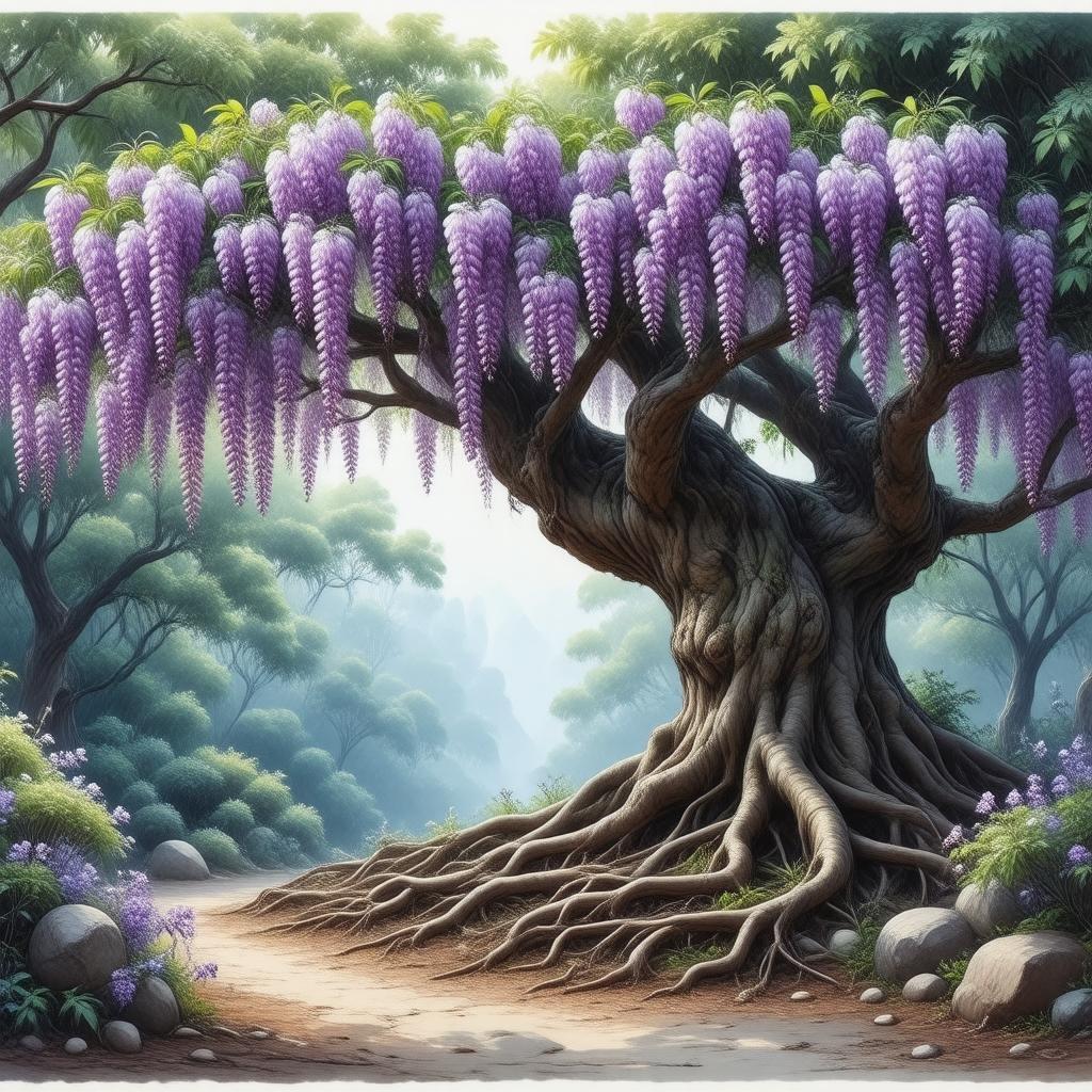 A tranquil scene of a wisteria tree, its branches heavy with beautiful purple flowers, standing amidst lush greenery. The intricate roots spread out across the landscape, leading one's gaze deeper into the heart of nature.