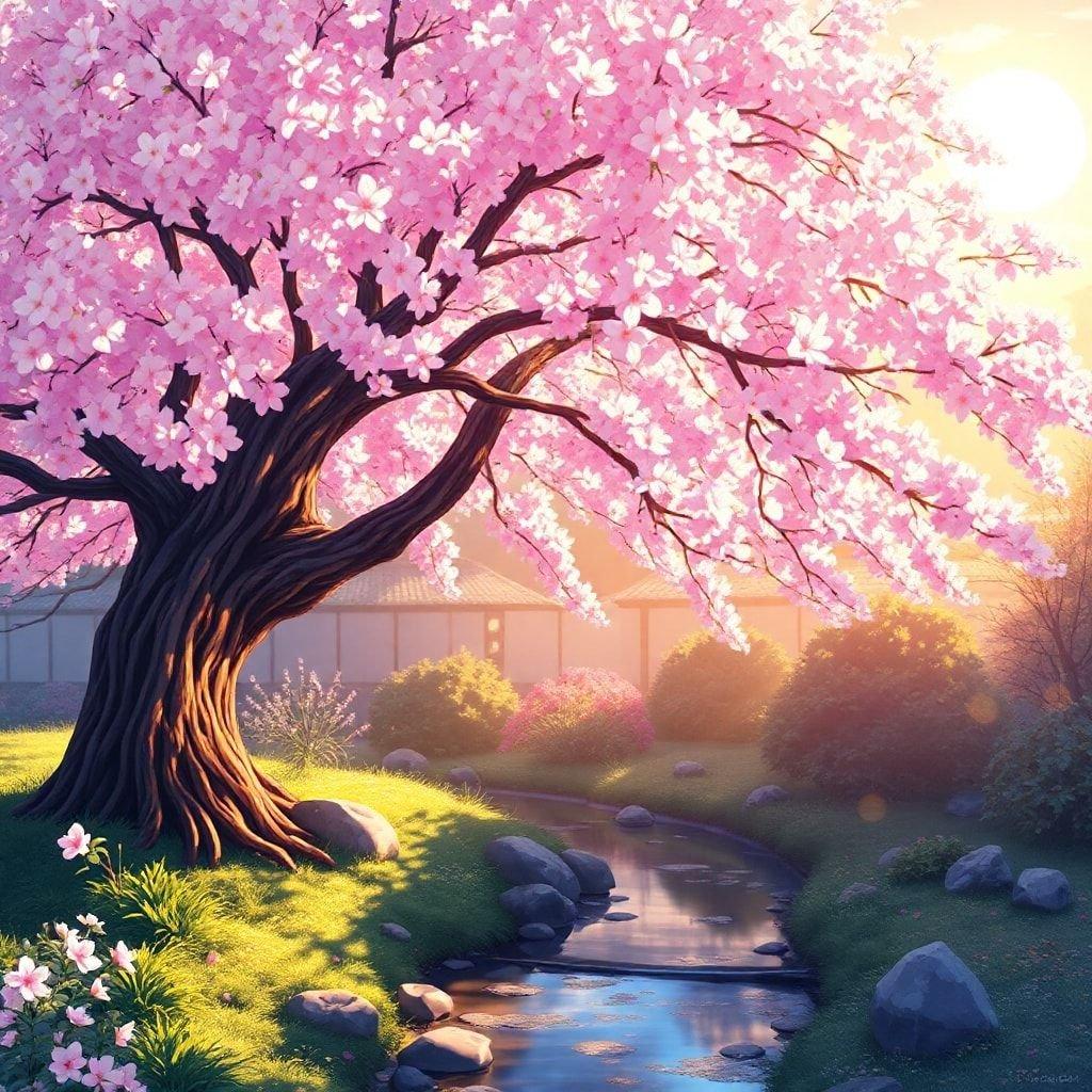 Lass dich in diesem bezaubernden Anime-Hintergrundbild verlieren, das einen ruhigen Kirschbaum in einem japanischen Garten zeigt, der im warmen Licht des Sonnenuntergangs badet.