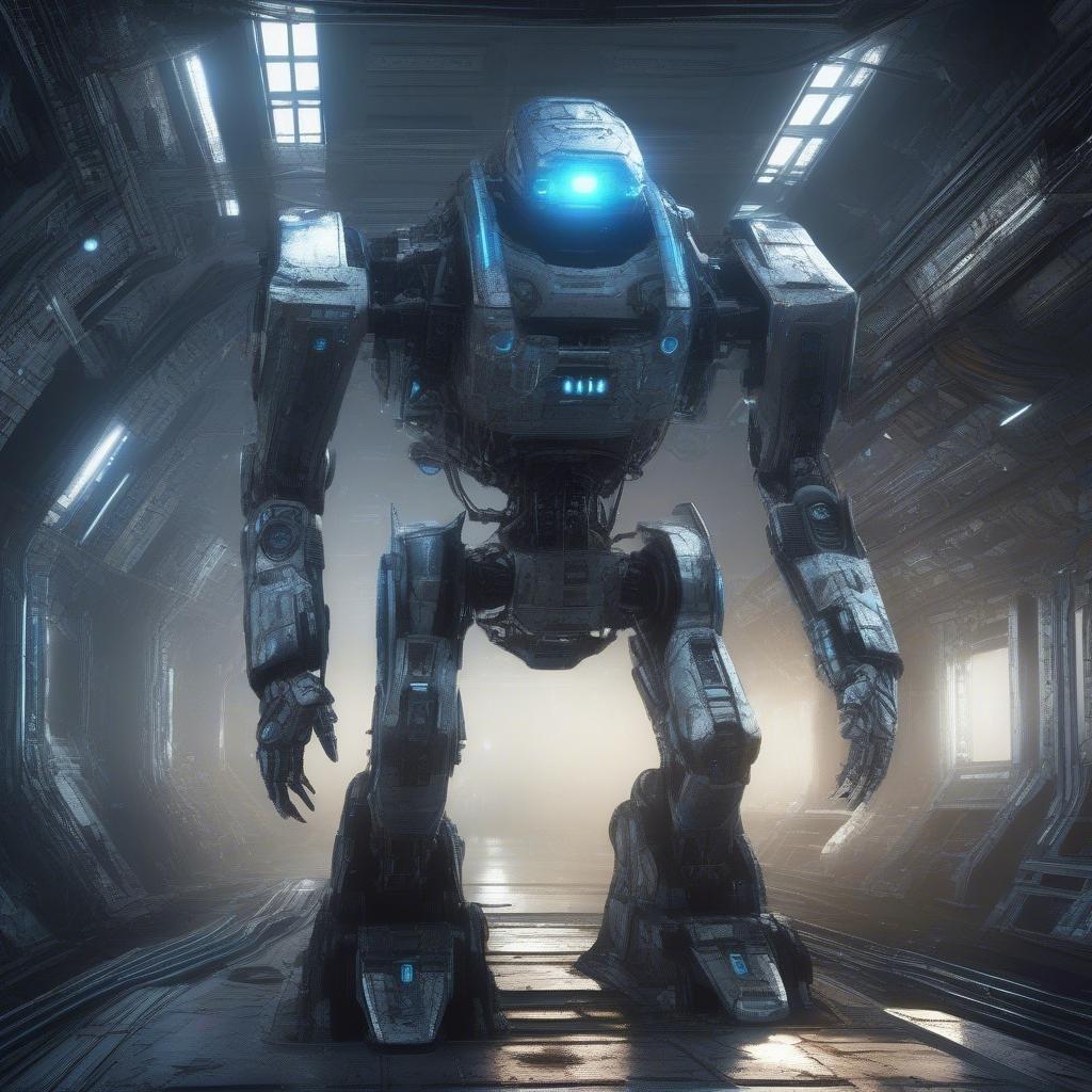 A sleek, futuristic robot stands ready in an intricate spacecraft interior. This sci-fi scene captures the essence of advanced technology.