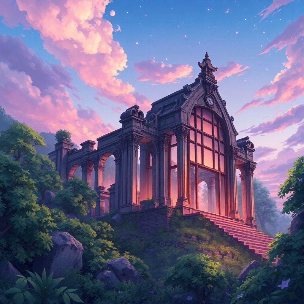 Immerse yourself in the enchanting world of anime with this captivating wallpaper featuring an abandoned temple nestled in a lush, mystical forest. The intricate architecture and large windows of the temple showcase the artist's exceptional skill and imagination, while the dreamy sky above adds a touch of magic. This serene scene invites you to pause and appreciate the beauty of nature and the remnants of a bygone era.