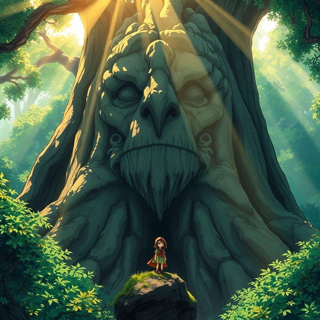 In this serene anime-style illustration, a massive tree stands tall, its trunk adorned with an ancient, anthropomorphic face. A small figure of a girl with a hooded cloak stands on a rock, surrounded by lush greenery, as a soft golden light bathes the scene.