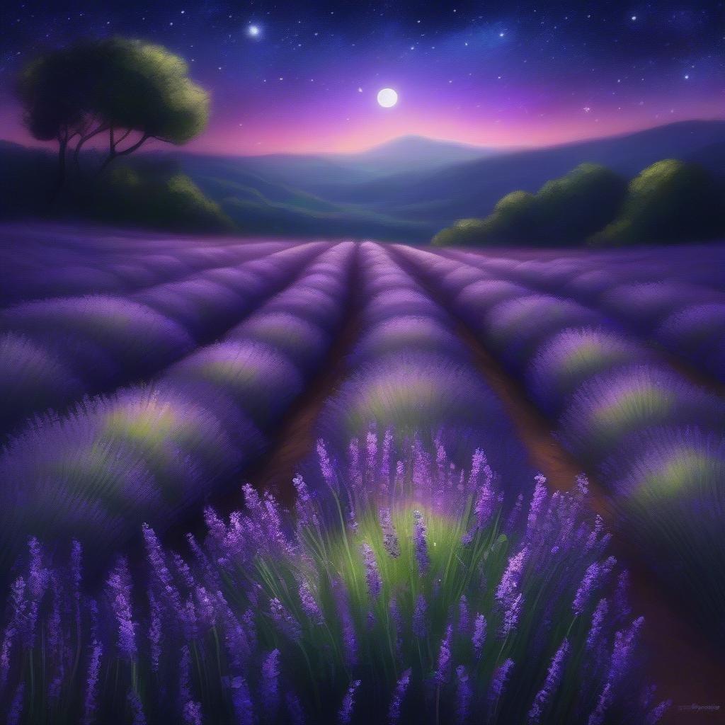 Peaceful night scene with lavender fields under the starry sky.