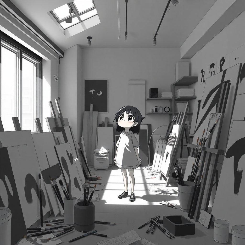 A young anime girl stands amidst her artwork in a sunlit studio, surrounded by various paintings and drawings.