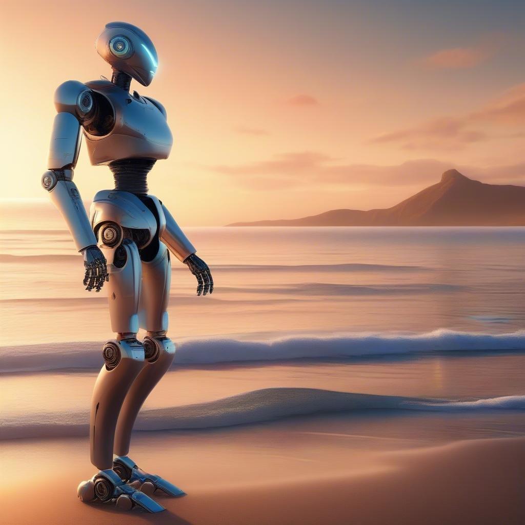 Discover the intersection of technology with tranquility, as a robotic character takes a moment on the beach at sunset.