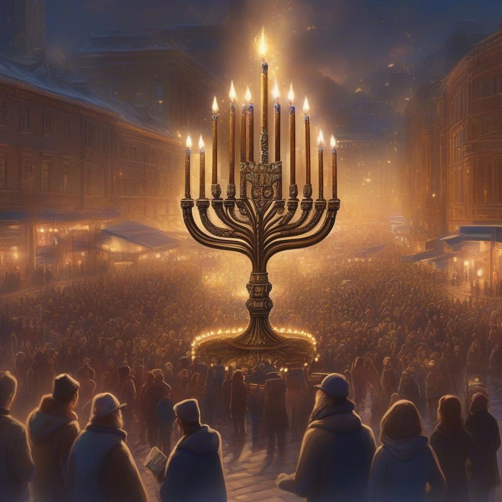 The crowd gathers around the illuminated menorah, celebrating the holiday in unity.