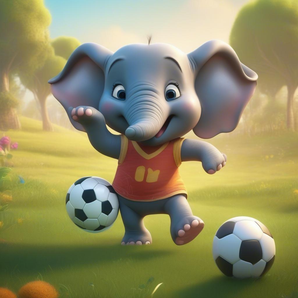 This adorable wallpaper features an elephant having fun playing soccer, perfect for kids and cartoon lovers.