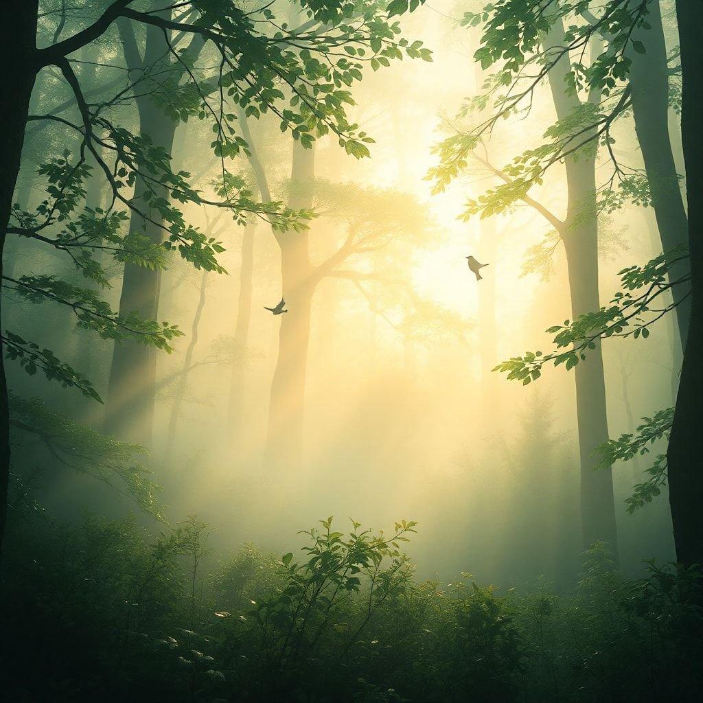 A serene morning in the mist-filled forest, where the sun peeks through the canopy casting a warm glow on the scene.