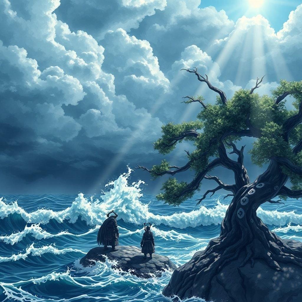 A lone samurai stands at the edge of an ocean, its body a dark gray with white markings on its head and tail, facing towards the left. The ocean is a dark blue with white waves crashing against it, creating an anime style image. The samurai is standing on a small island, with a large tree in the foreground to the right of the image. The sky above is filled with dramatic clouds that are a mix of light blue and dark gray.