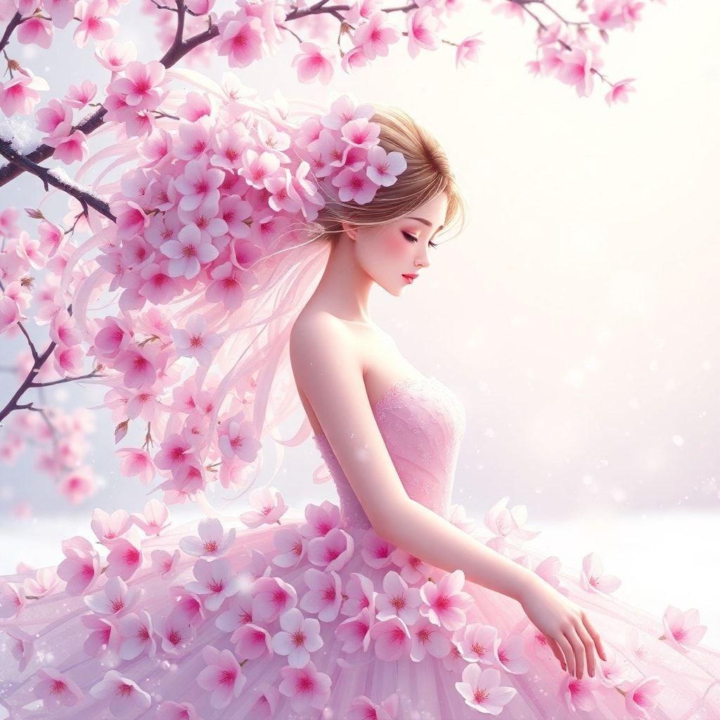 A beautiful anime-inspired wallpaper featuring a delicate ballerina made from cherry blossoms, set against a snowy backdrop.