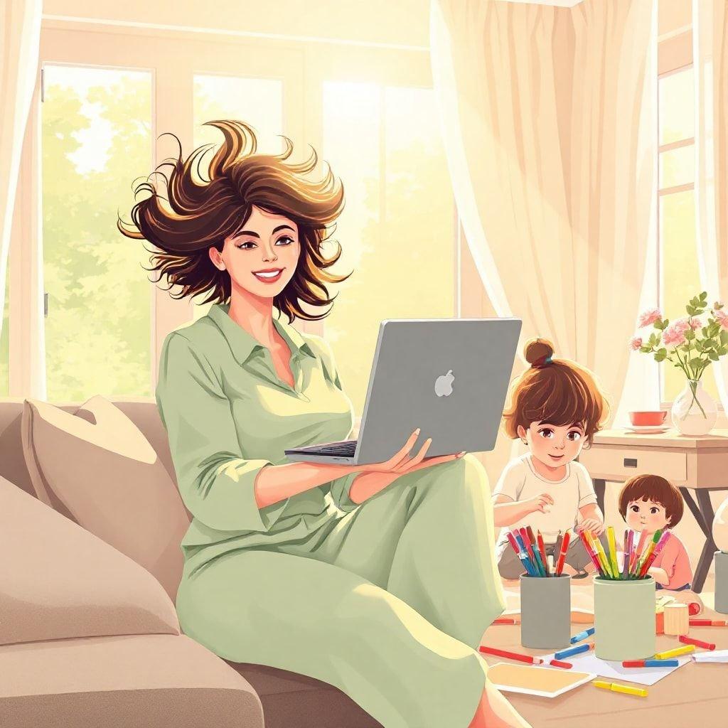 A heartwarming scene of a mother working on her laptop while her two children play around her. The image captures the joy and love of a family moment, perfect for a Mother's Day wallpaper.