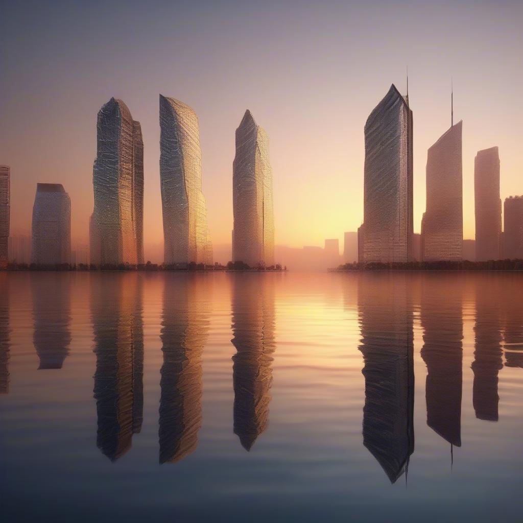 A city skyline beautifully reflected on the water at sunset. A stunning view of architectural beauty.