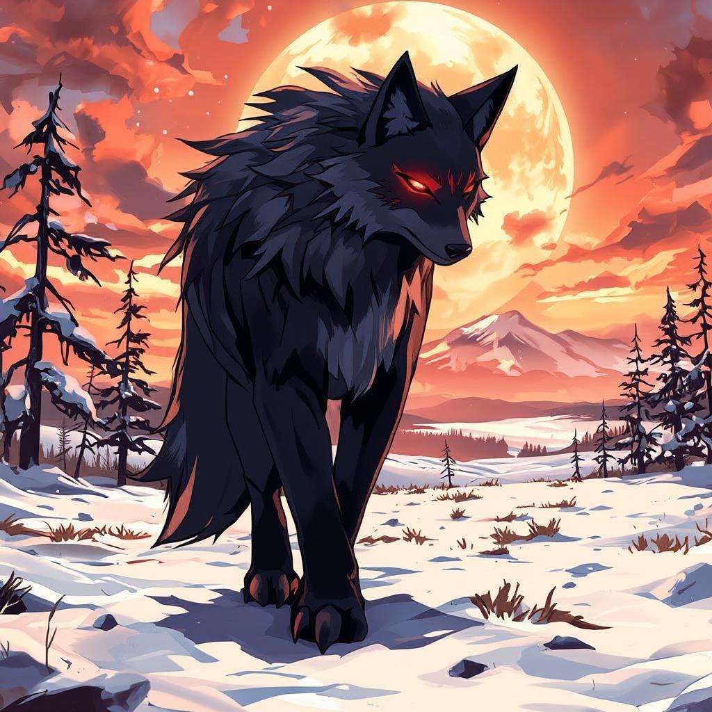 This anime-style wallpaper features a lone wolf walking through a desolate snowy landscape, its fur a striking dark gray and white, with a glowing red eye. The scene is bathed in a warm glow, with the horizon visible in the distance, and the foreground features a snowy field with tall trees and a distant mountain range.