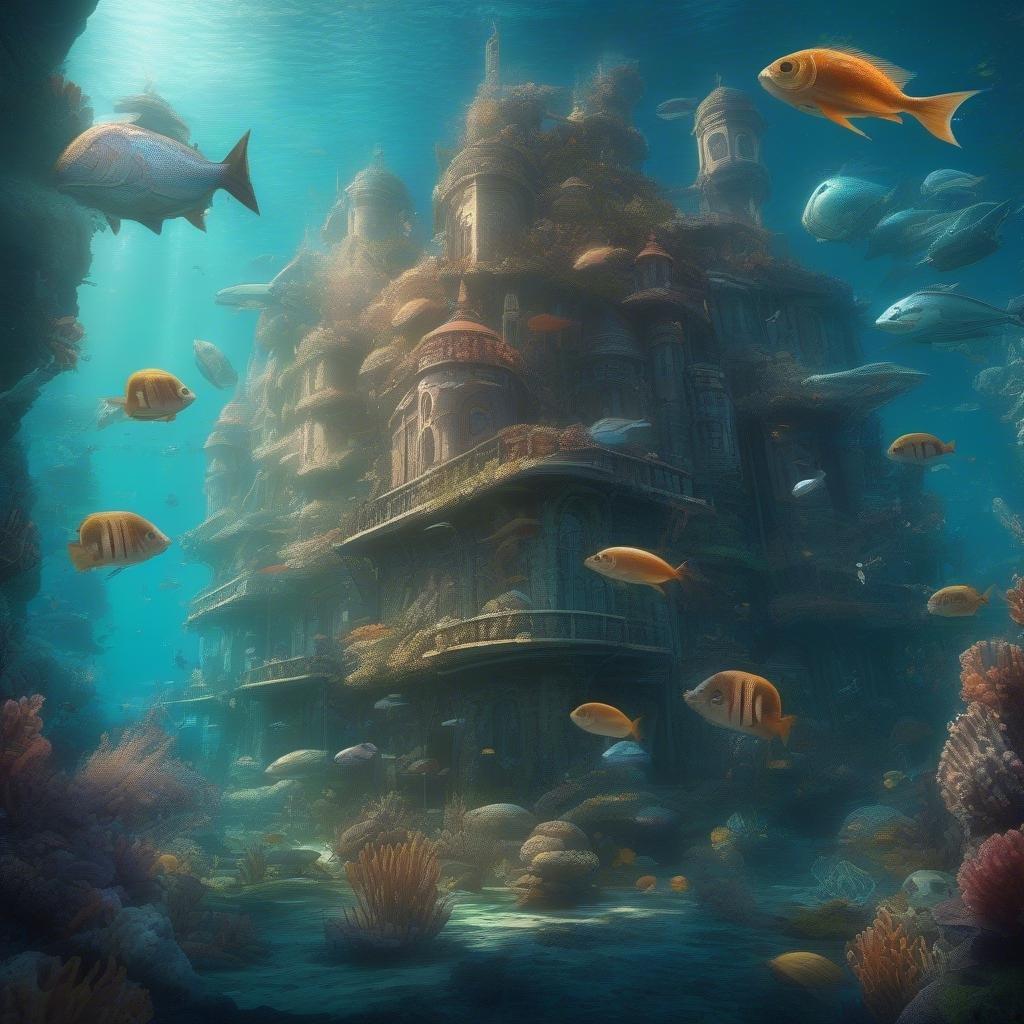 A whimsical castle submerged in the deep sea, surrounded by colorful marine life.