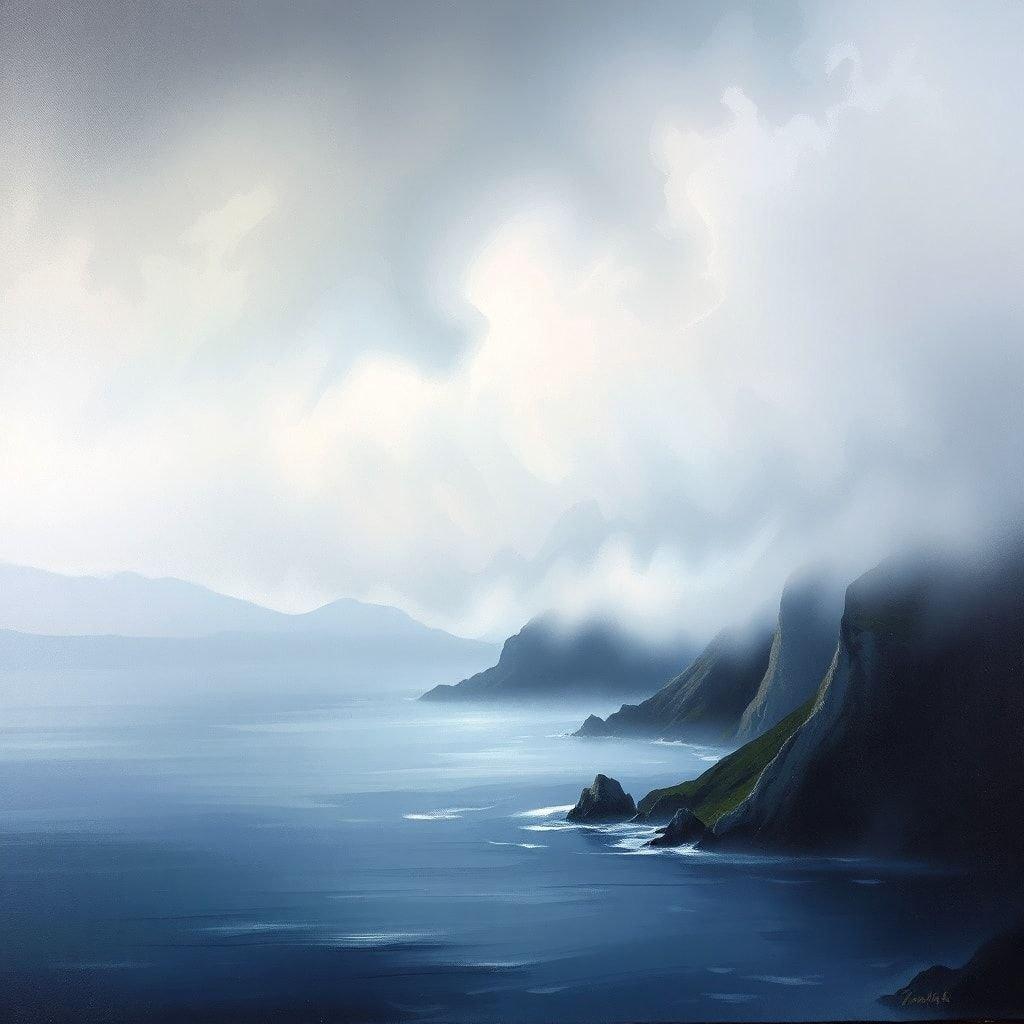 This artistic depiction captures the serene beauty of a misty coastal shore, where the vastness of the ocean meets the rocky cliffs. The scene is awash with the soft hues of early morning or late afternoon light, lending an ethereal quality to the landscape.