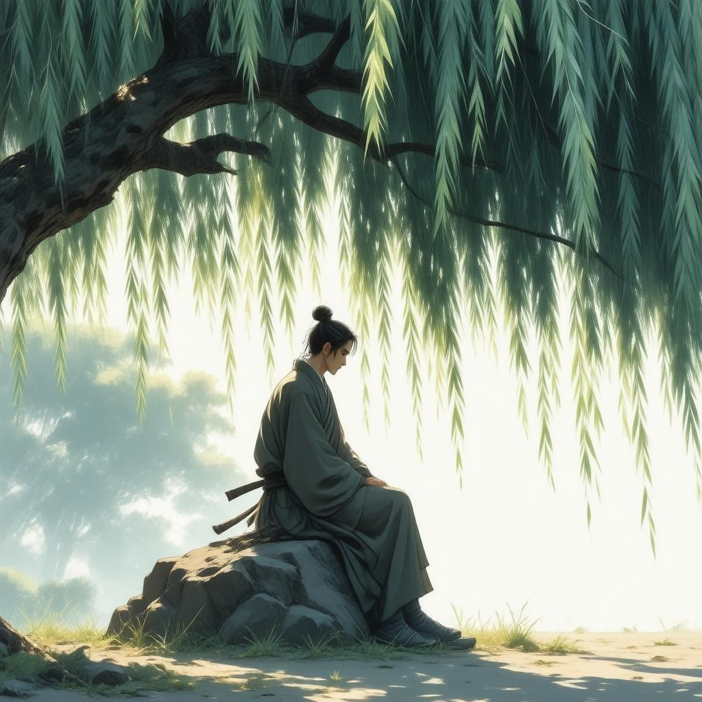 This anime-style wallpaper features a serene scene of a samurai seated on a rock under a large willow tree, with a weeping willow branch extending outwards. The peaceful atmosphere is captured in warm light, creating a tranquil moment.