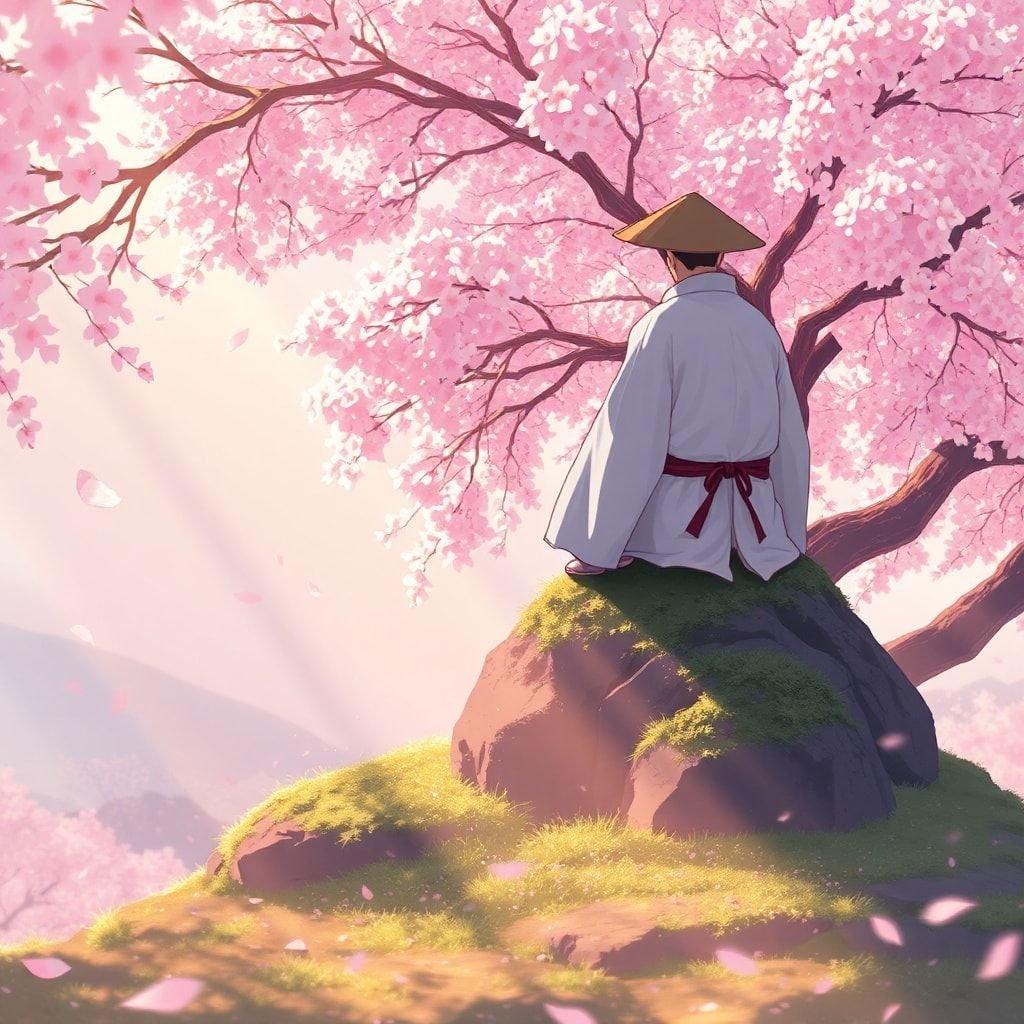 A samurai finds solace under a blooming cherry blossom tree, basking in the tranquility of nature.