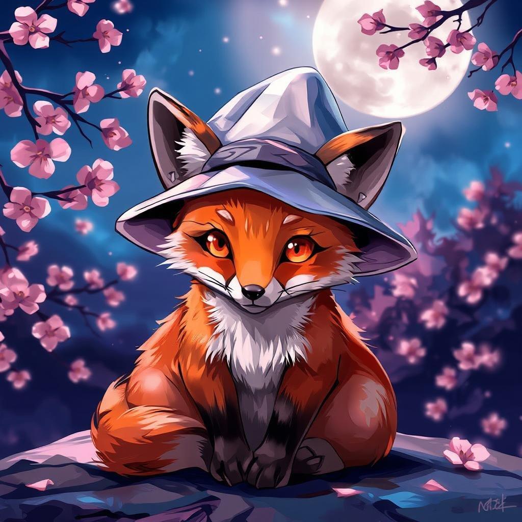 This wallpaper features a charming anime fox sitting under the moonlit night, surrounded by pink cherry blossoms. The fox is dressed in a white hat and hat, adding to its whimsical charm. The deep blue background creates a serene atmosphere, perfect for desktop and mobile use.