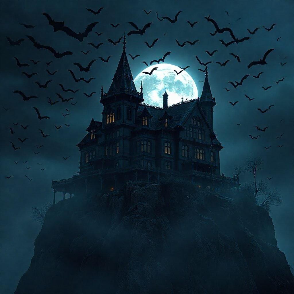 This eerie castle with turrets and flying bats sets the tone for a spooky night. It's perfect as a wallpaper for your desktop or mobile device, embodying the Halloween spirit.