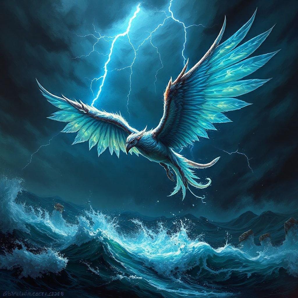 A majestic eagle, wings spread wide, soars through a tumultuous sky. The power of the storm is at his command as he navigates above choppy waters below.