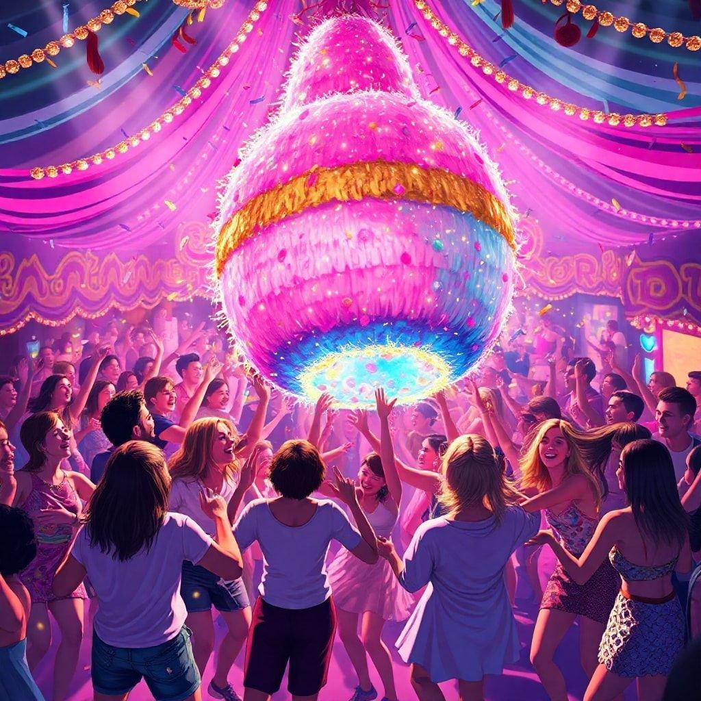 A group of people enjoying the vibrant atmosphere at a carnival event, with a giant, colorful punch ball as the centerpiece.