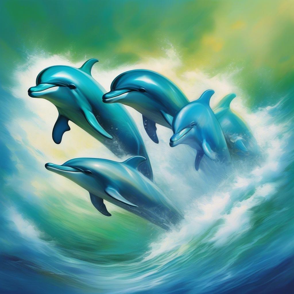 This beautiful wallpaper features a group of dolphins swimming in the ocean, creating a stunning visual effect.