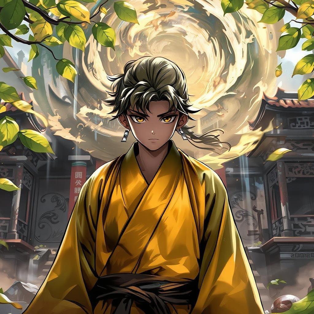 A young ninja, adorned in a vibrant green and yellow robe, stands guard at the entrance of an ancient temple. The intricate carvings on the temple walls tell stories of time immemorial, while the vortex of leaves adds a mystical touch to the scene. The natural light streaming through the leaves casts an ethereal glow, highlighting the serene beauty of this anime-inspired landscape.