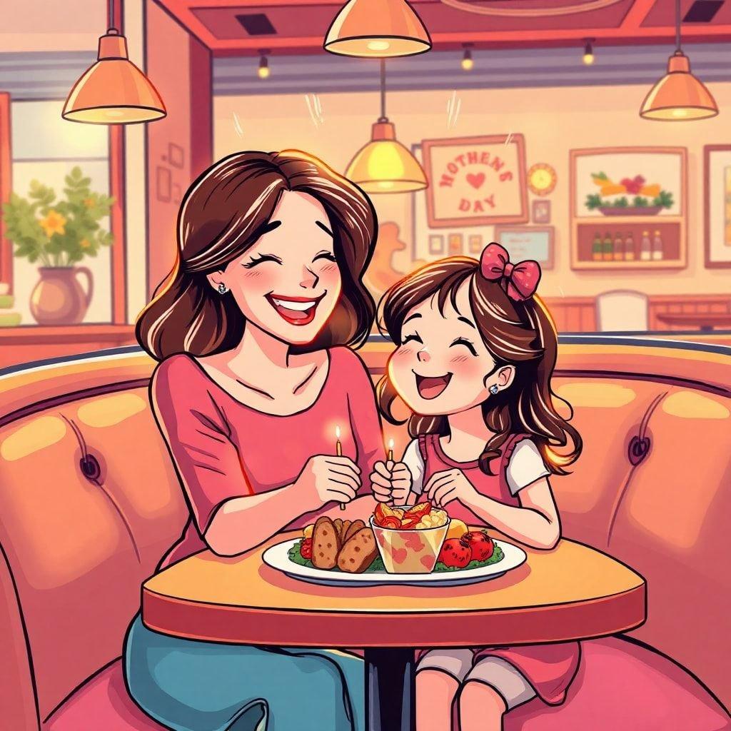 A heartwarming scene of a mother and daughter sharing a meal together on Mother's Day, capturing the joy and love of this special occasion.