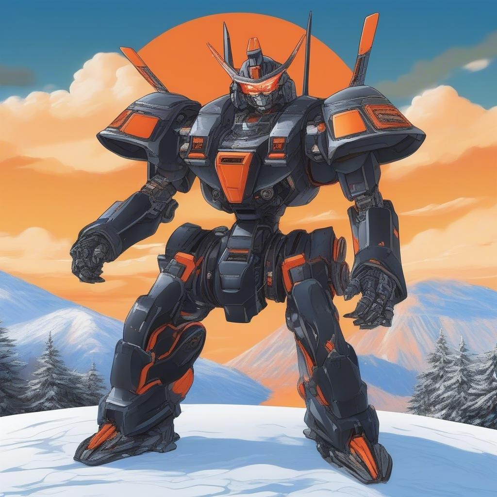 Un poderoso robot mecha de anime se encuentra en una cordillera nevada, con un guerrero samurái en su cabina. El estilo artístico es detallado y realista, capturando la esencia de la animación japonesa con colores vibrantes y diseños de personajes dinámicos.