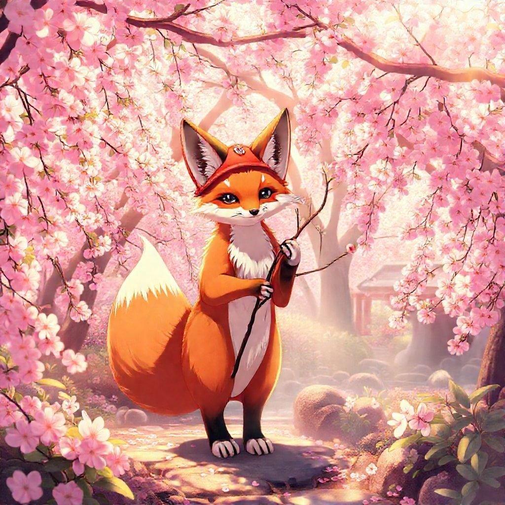 This enchanting anime wallpaper features a fox spirit surrounded by cherry blossom trees and a serene Japanese garden. The central figure, a fox with a red hat and white paws, holds a branch, adding a touch of whimsy to the scene. The background is filled with pink cherry blossoms, creating an enchanting atmosphere.