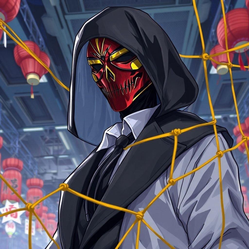 Dieses lebendige Anime-Hintergrundbild zeigt einen geschickten Assassinen in einer Hochsicherheitsanlage, gekleidet in Schwarz und Weiß, mit einer auffälligen rot-gelben Maske. Die komplizierten Details der Maske und der Kleidung des Begleiters werden durch ein blau-gelbes Sicherheitsnetz hervorgehoben, was eine fesselnde und dynamische Szene schafft, die die lebhafte Festivalatmosphäre einfängt.