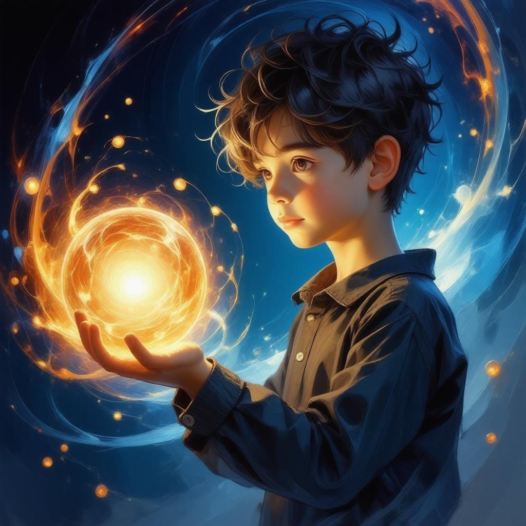 Esta ilustración de estilo anime presenta a un joven sosteniendo un orbe brillante, con un fondo azul profundo y patrones en espiral. La cara del chico está parcialmente oculta por el orbe, lo que añade al misterio de la escena.