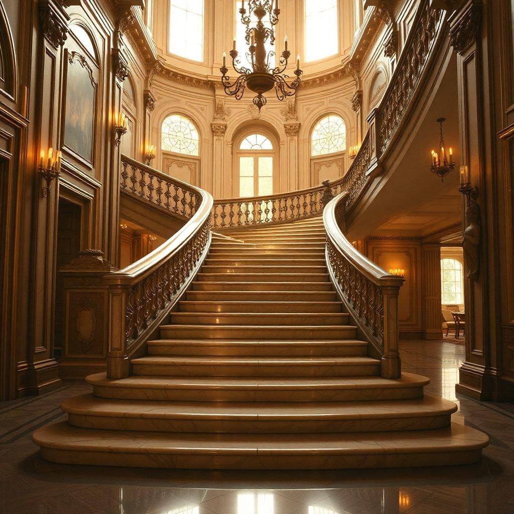 A grand staircase adorned with ornate balconies and chandeliers, bathed in soft light filtering through the windows.