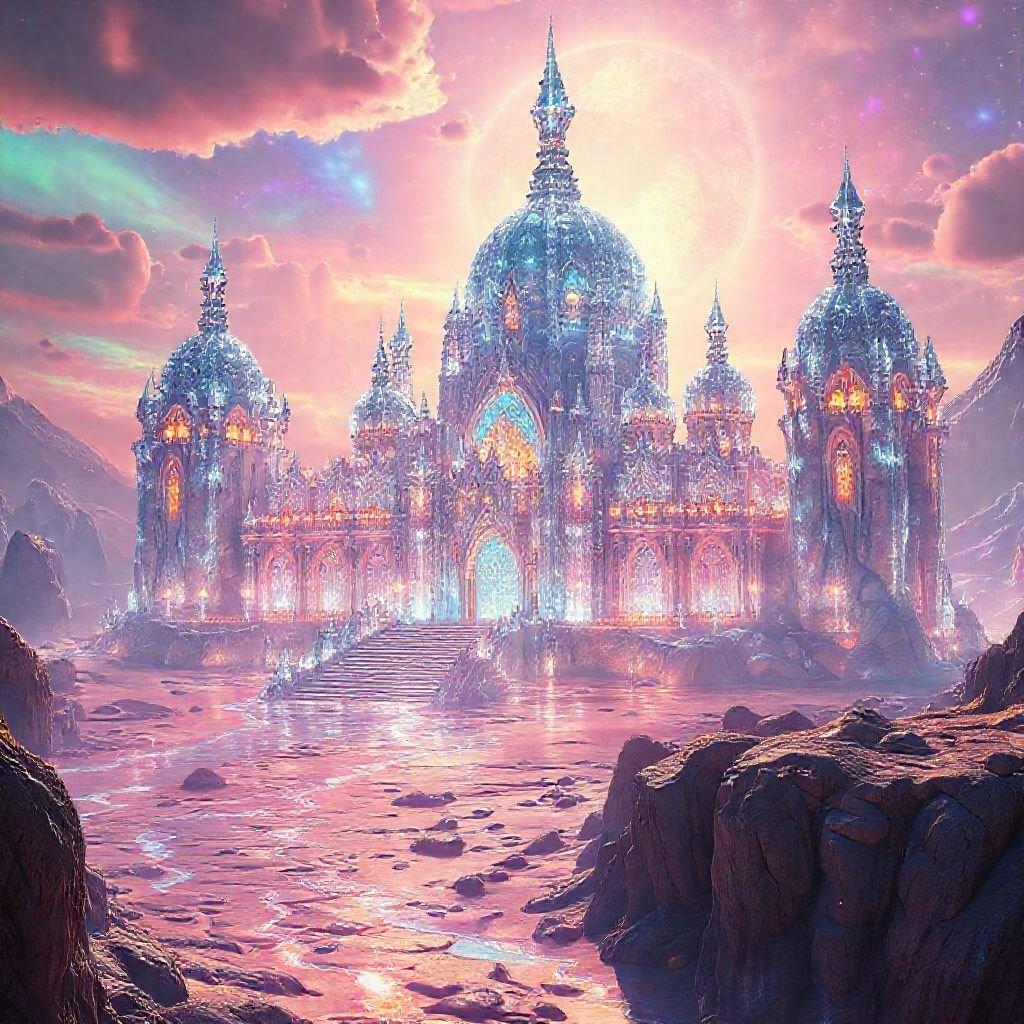 A majestic, otherworldly cathedral perched on a barren planet's surface under a glowing starry sky. Its ethereal architecture stands as an oasis of life against the harsh backdrop.