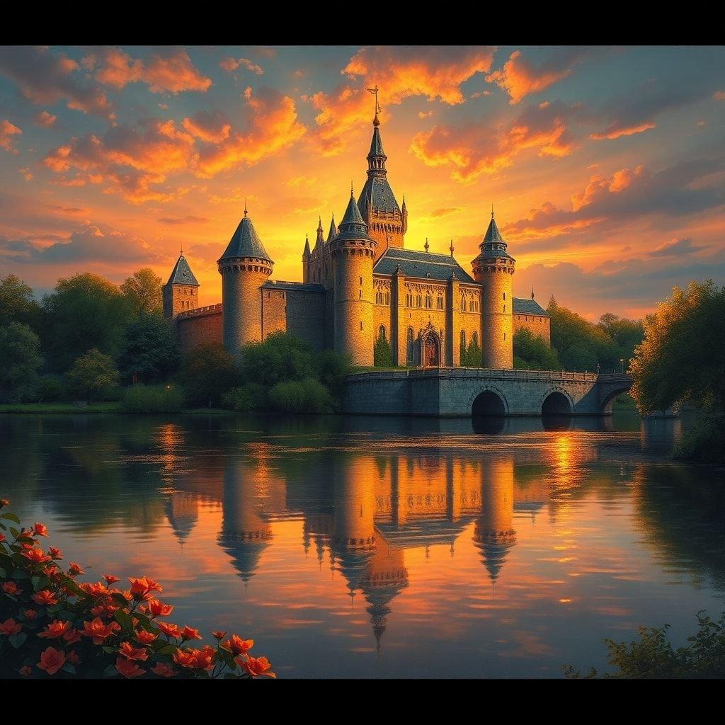 A majestic castle with multiple towers sits serenely on the banks of a tranquil river, bathed in the warm glow of a sunset.