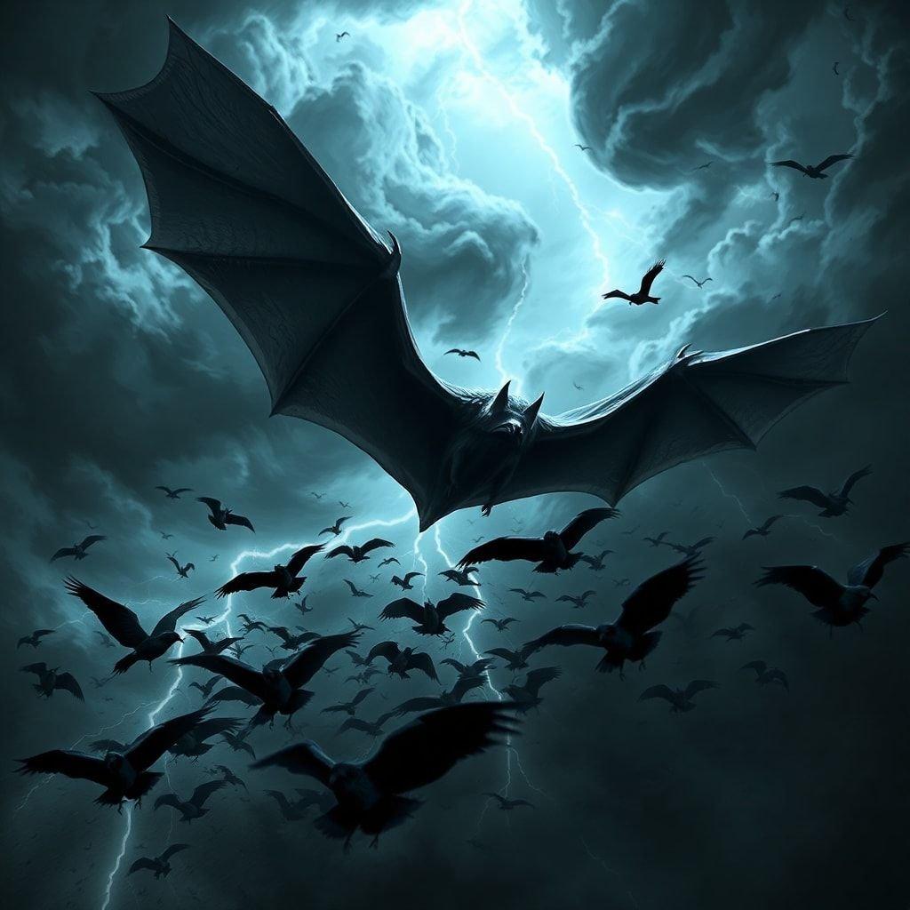 Amidst the stormy sky, a majestic bat-themed dragon soars through a flock of black bats. The scene is straight out of a fantasy epic, with elements that suggest an adventurous spirit. This image could be perfect for setting the mood on Halloween or any time you want to embrace your inner witch or warrior!