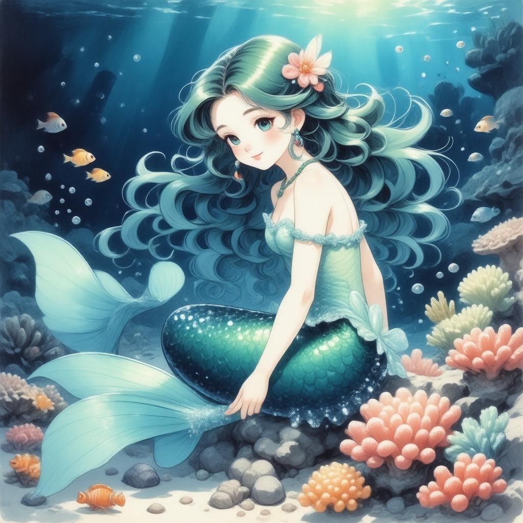 This enchanting anime illustration features a beautiful mermaid princess with hair that flows like the ocean's hues of blue and green, sitting gracefully on a vibrant coral reef. The deep blue background is adorned with a school of sparkling fish, adding a touch of magic to the scene.