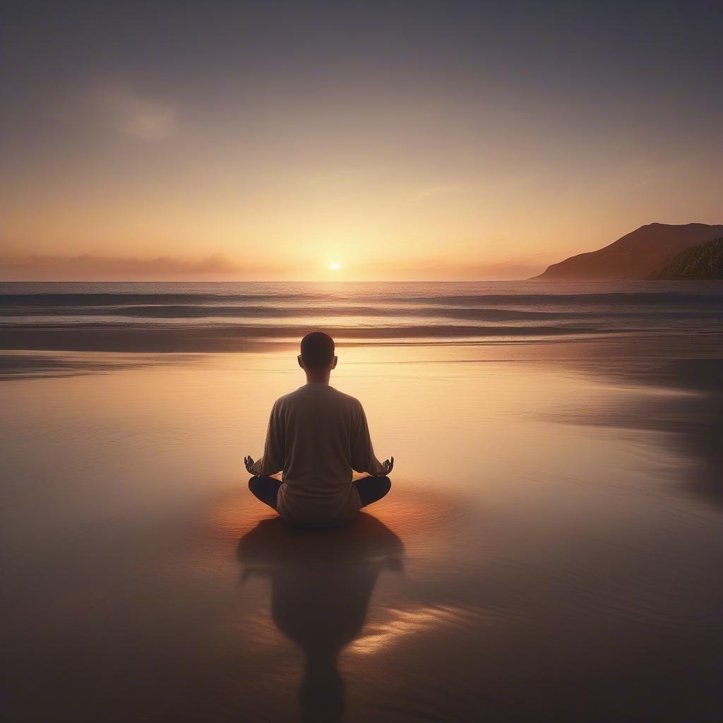 A serene image capturing the beauty of a sunset over the ocean, featuring a person practicing mindfulness meditation on the beach. This wallpaper is perfect for starting your New Year with calm and tranquility.