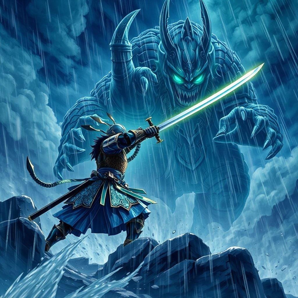 Gør dig klar til at fordybe dig i det episke slag mellem en samurai-kriger og en gigantisk oni-dæmon i denne fantastiske anime-illustration. Den stormfulde himmel, de virvlende skyer og regnen skaber en æterisk atmosfære, mens figurens silhuet tilføjer en følelse af bevægelse. Illustrationen er gennemsyret af blå og grønne nuancer, med et fantasitema, der vil transportere dig til en verden af eventyr og spænding.