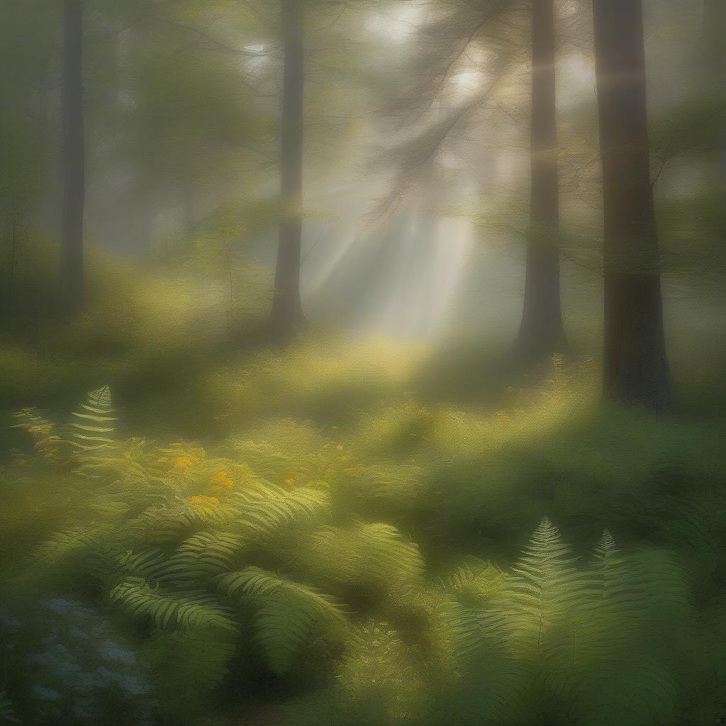 A misty path through the enchanting forest with rays of sunlight piercing the fog, hinting at a beautiful day ahead.