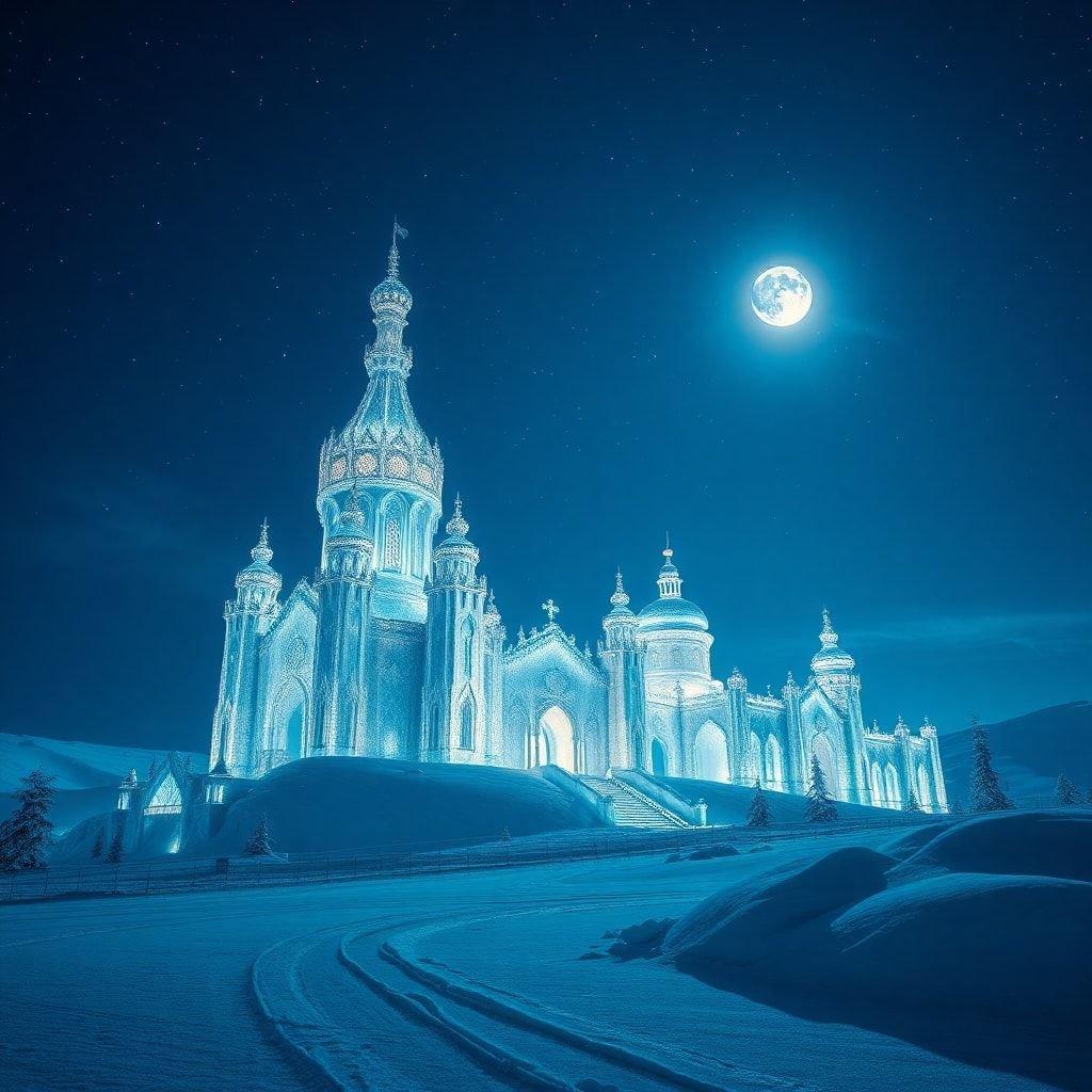 A majestic snow castle under the enchanting glow of a full moon, exuding an air of tranquility and wonder.