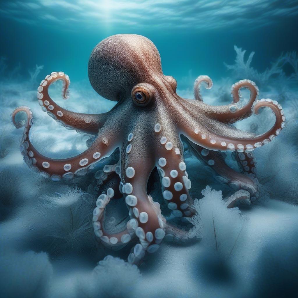 The underwater world comes alive with this captivating image of a majestic octopus. With its eight arms and bulbous head, the cephalopod rests gracefully on the ocean floor, surrounded by small white coral formations that add to the serene beauty of the scene. This is a perfect wallpaper for those who love marine life or are fascinated by the mysteries of underwater exploration.