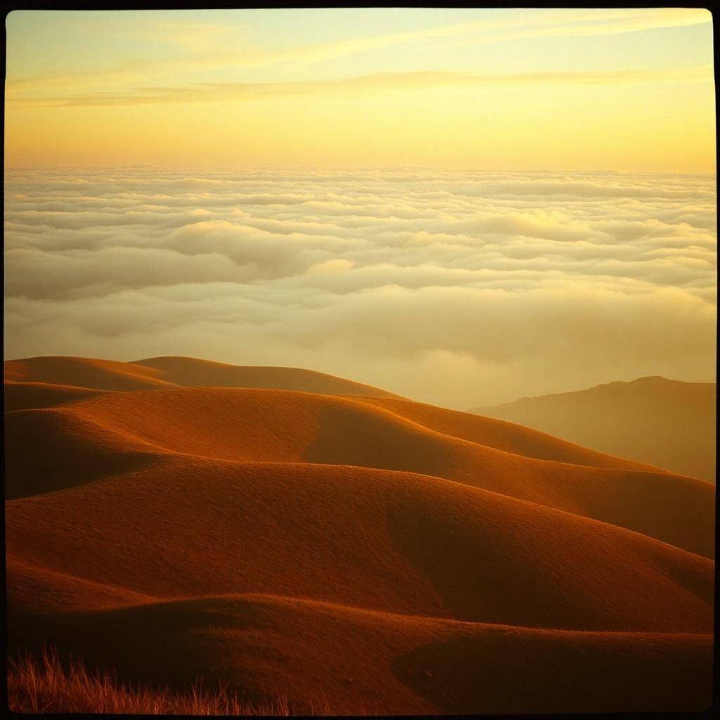 A tranquil morning scene with a clear view of the sunrise through cloud formations over desert sand dunes.