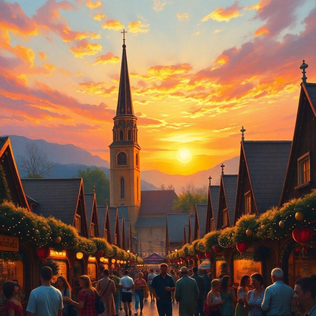 People are enjoying the vibrant street festival during sunset, with the majestic church as a backdrop.