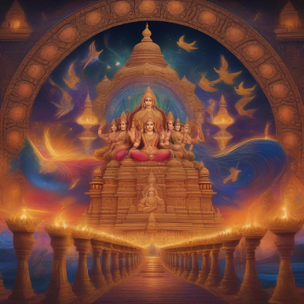 Esta obra de arte representa la celebración divina de Diwali, un festival indio que simboliza la victoria de la luz sobre la oscuridad, el bien sobre el mal y el conocimiento sobre la ignorancia.