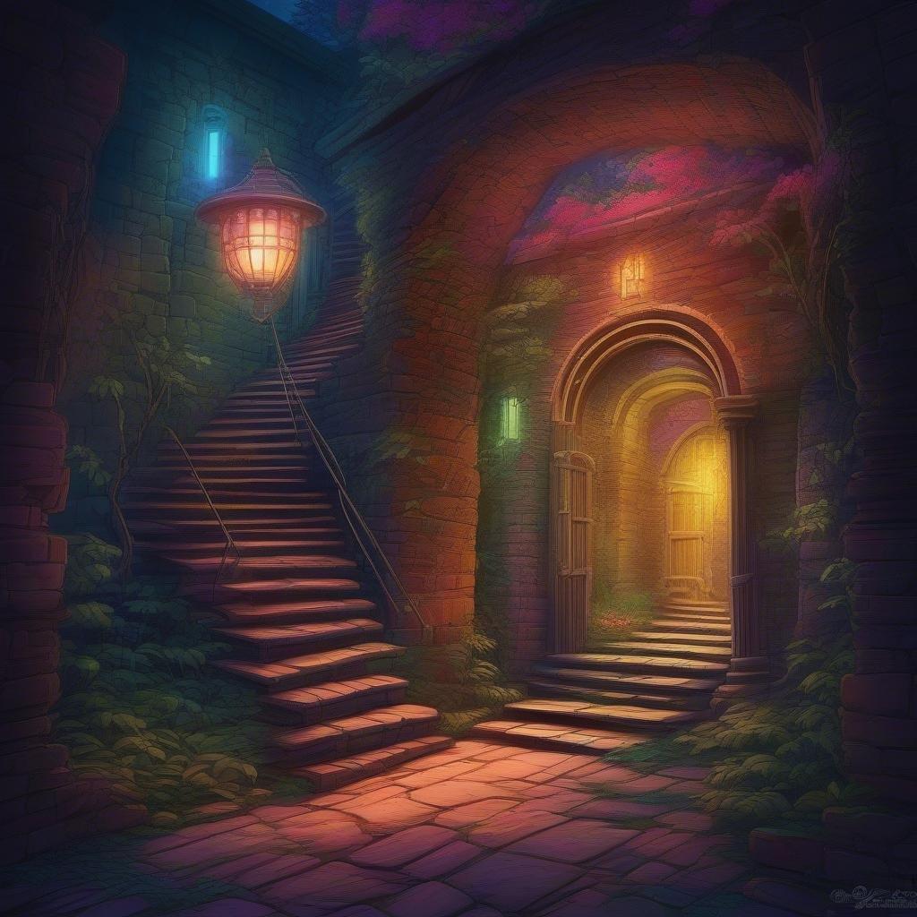 A digital illustration of an enigmatic portal in an abandoned alleyway at night, surrounded by vibrant colors and patterns.