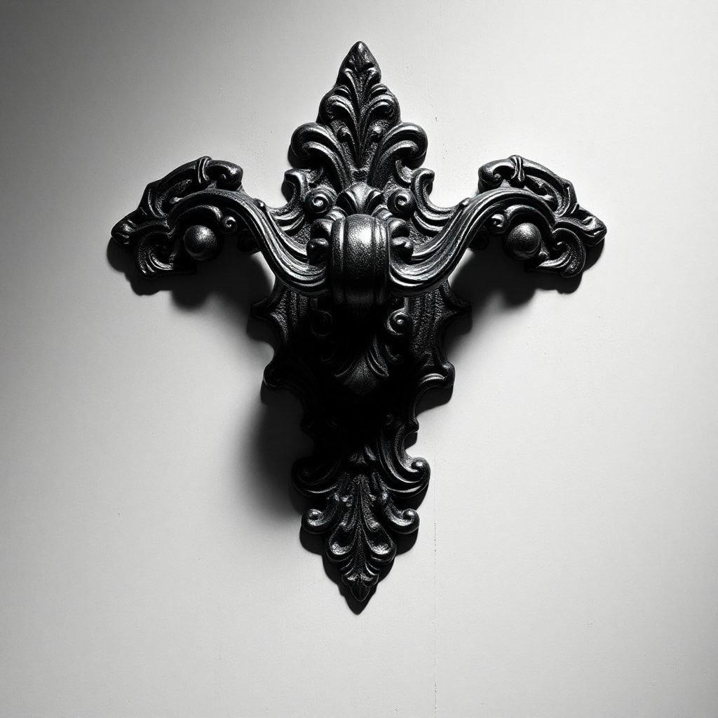 Add an antique touch to your decor with this intricately designed black wall cross. The rich details and Gothic style make it a unique statement piece for any room.