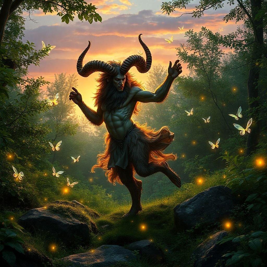 This image captures the essence of fantasy creatures amidst a magical forest setting. The central figure, reminiscent of the mythological Baphomet, is surrounded by a whimsical array of flora and fauna, all under the soft glow of a rising or setting sun. The creature's presence in such an environment suggests it could be interpreted as a guide or guardian within this enchanted realm.